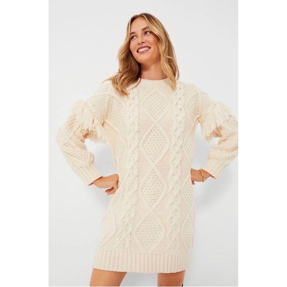 Hyacinth House Cream Cable Knit Fringe Shoulder Sweater Dress XL MM155D